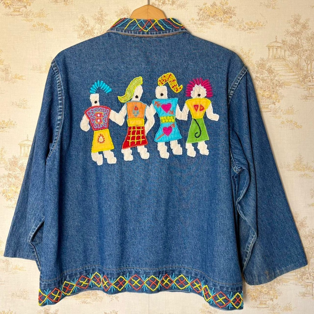 90s Vintage Wearable Art Beaded Denim Jacket Miss Frizzle Maximalist Boho M